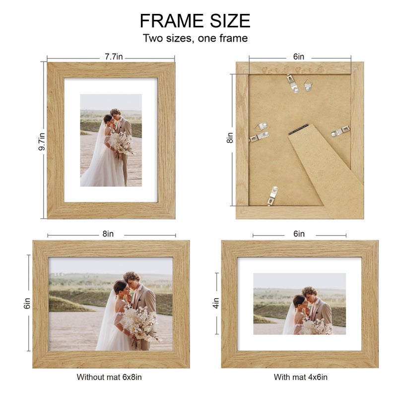 Hongkee 6x8 Picture Frame Set of 4, Made of Real Glass and Natural Oak Frame - Display Picture 4x6 with Mat or 6x8 Without Mat, 6 by 8 Photo for Wall or Tabletop - Image 2